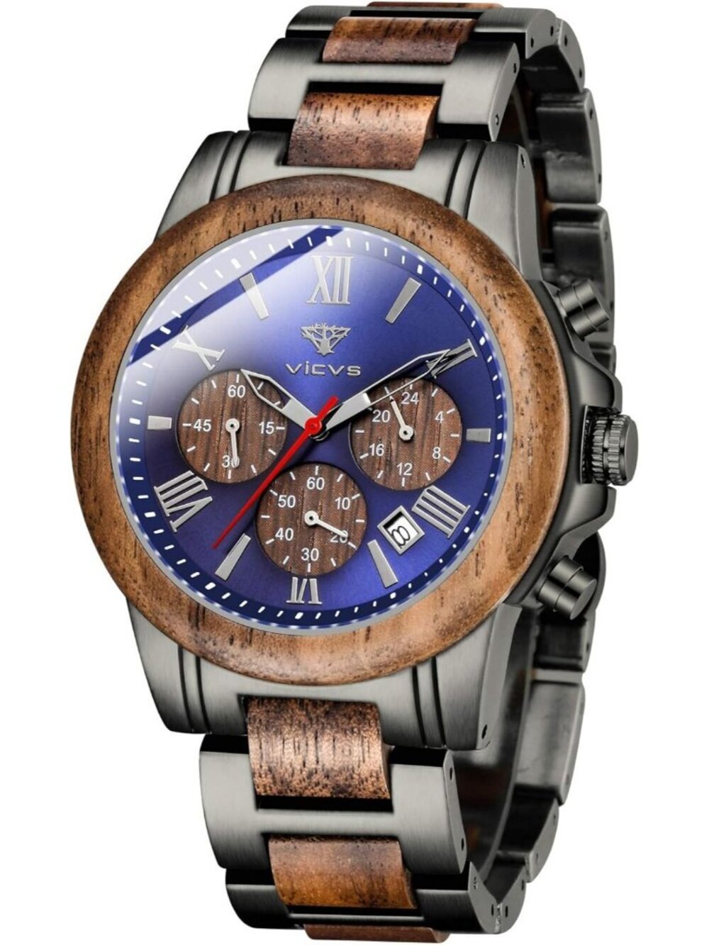 Men's Black Blue Stainless Steel Chronograph Quartz Multifunctional Wooden Watch